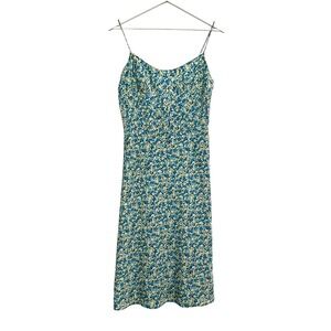 Y2K Express Midi Dress Womens 7/8 Blue Yellow Pebble Dot Spaghetti Strap Mod‎